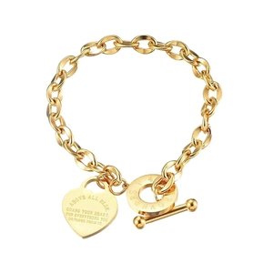 18k gold plated titanium steel link bracelet with toggle clasp and engraved heart charm