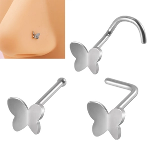 Butterfly Nose Stud Stainless Steel Piercing Jewelry L-Shape Straight Bar Screw Nose Ring For Women Men Silver Color Minimalist