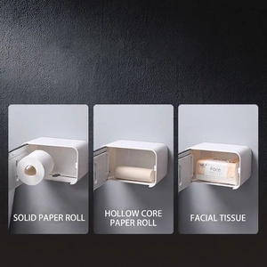 Wall-mounted white plastic tissue box showing compatibility with rolls and facial tissues