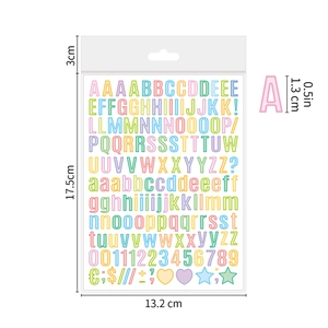 Detailed size chart of colorful macaron letter stickers with 0.5 inch character height