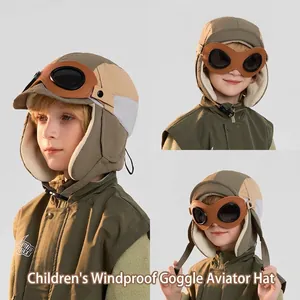 Kids winter aviator hat with goggles and fleece lining in olive green and khaki