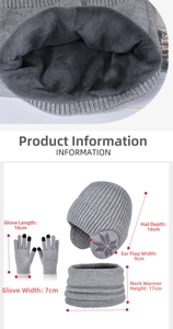 Detailed size specifications for kids winter knit hat, fleece neck gaiter and gloves set