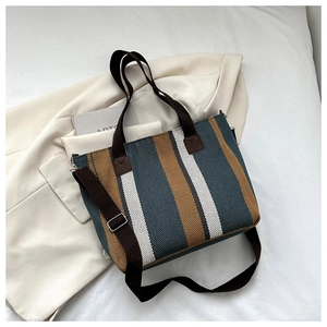 Detail showing the blue, brown, and white striped texture of the canvas tote bag with strap