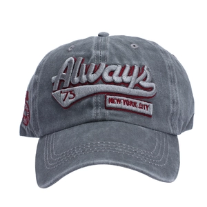 Detailed close-up of 3D Always embroidery on vintage grey washed baseball cap