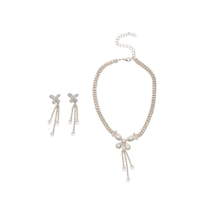 Elegant zircon double-layer butterfly tassel necklace and earrings silver jewelry set