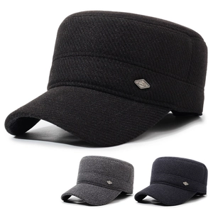 Men Winter Woolen Cadet Cap With Ear Flaps Warm Windproof Flat Top Military Hat Vintage Adjustable Dad Cap