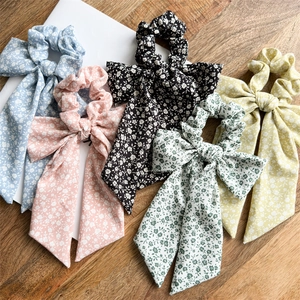 Floral Print Hair Scrunchies Fabric Bow Streamer Elastic Hair Ties Daisy Pattern Sweet Ponytail Holder For Women Girls