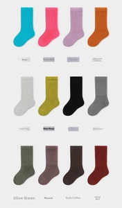 Detailed display of kids cotton rib knit socks in 12 assorted vibrant colors