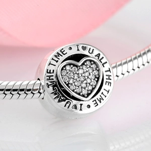 S925 sterling silver heart charm bead with engraved letters on snake chain bracelet