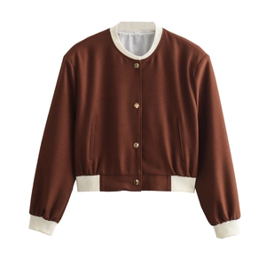 Women's Y2K dark brown bomber jacket with white ribbed trim and gold buttons