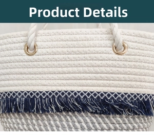 Detail of woven cotton rope texture with dark blue fringe and golden metal eyelet