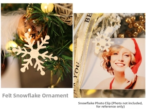 Detail of white felt snowflake photo clips and ornaments for Christmas tree decor
