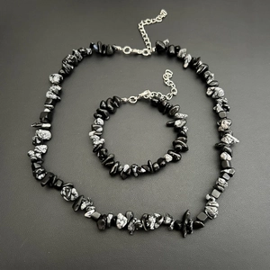 Detail view of irregular black and grey crystal stone necklace and bracelet jewelry set