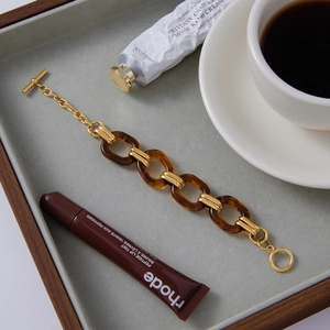 Detail of vintage 18K gold stainless steel bracelet with amber resin oval links and OT clasp