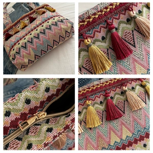 Detail of colorful zigzag woven tote bag with fringe tassels and metal zipper closure