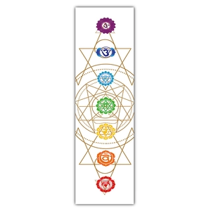 Detailed vertical wall hanging showing seven colorful chakras with golden geometry