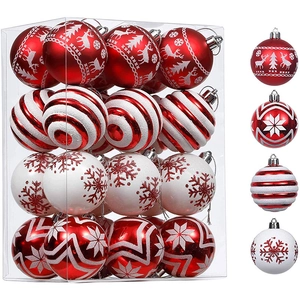 Red and white 6cm Christmas balls set with reindeer and snowflake patterns for tree decor