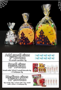 Size guide for Halloween clear gift bags showing dimensions and candy capacity detail