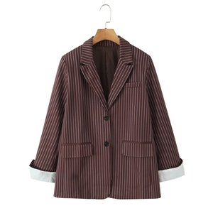 Women Striped Blazer Polyester Single Breasted Notched Lapel Long Sleeve Professional Office Outerwear For Lady