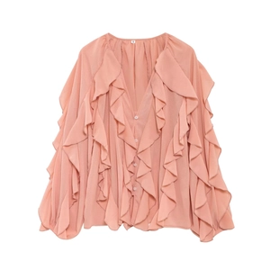 Detail of coral pink V-neck chiffon shirt with layered ruffles and long sleeves