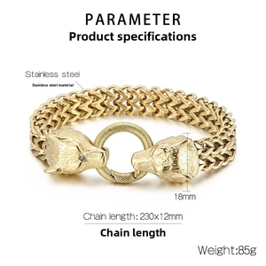 Detailed specs of men's golden stainless steel wolf head bracelet with dimensions and weight