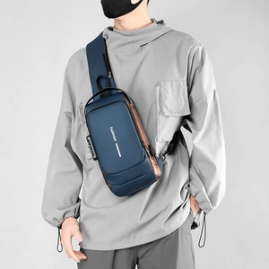 Detail of waterproof chest bag with integrated USB charging port and anti-theft combination lock