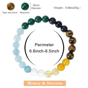 Tiger eye and malachite beaded wealth bracelet with stone diameter and size dimensions