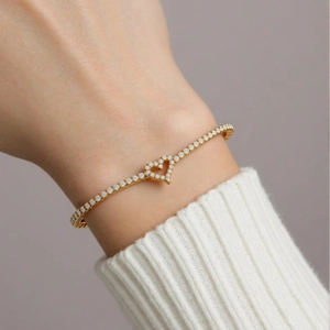 Luxury Heart Tennis Bracelet For Women Stainless Steel With 18K Gold Plating Cubic Zirconia Full Diamond Fashion Jewelry
