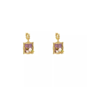 Vintage gold earrings with purple enamel, white pearls and green leaf accents