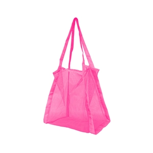 Pink mesh beach bag with long handles for organizing children outdoor sand toys