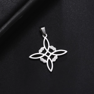 Polished silver stainless steel Witch's Knot pendant with symmetrical geometric design