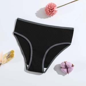 Women's black ribbed cotton high waist briefs with grey trim and breathable fabric