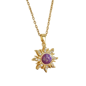 Gold plated sun pendant necklace featuring purple opal and micro-set zircon stones