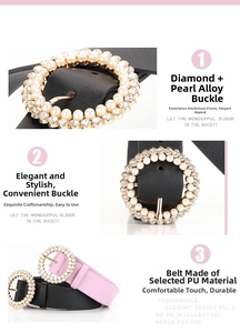 Detailed close-up showing rhinestone and pearl buckle on a stylish PU leather belt