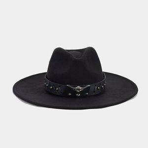Detail of silver bull head buckle and bronze studs on black wool fedora leather band