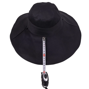 Black wide-brimmed cotton sun hat with 12cm brim width measured on white background