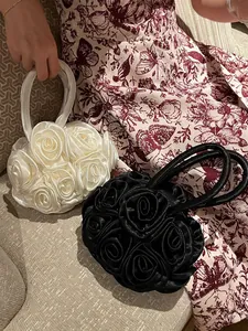 French retro satin handbag with handmade 3D rose flower design for traditional dresses