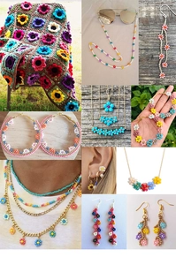 Detailed collage of handmade bohemian daisy bead necklaces and floral earrings
