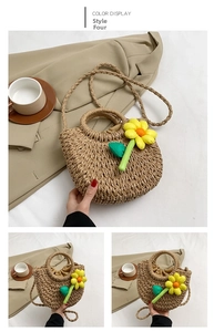 Detailansicht der Strohtasche mit gelber Sonnenblume und gewebten Ringgriffen