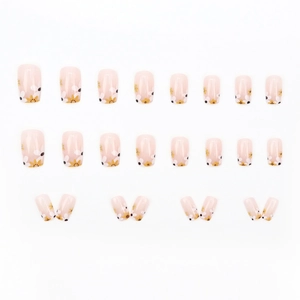 24pcs French soft pink square press-on nails with cute daisy floral patterns on white background