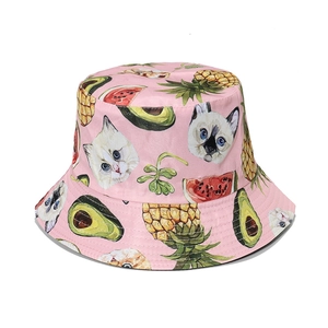 Pink bucket hat with colorful cat and tropical fruit print, watercolor style sun hat