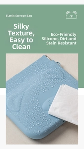 Waterproof silicone storage bag showing droplets on blue surface with easy-clean texture