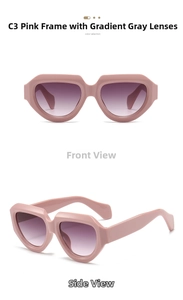 Detailed front and side views of pink irregular frame sunglasses with gradient grey lenses