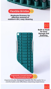 Flexible cleaning brush detail with dense bristles and ergonomic curved handle with hook hole