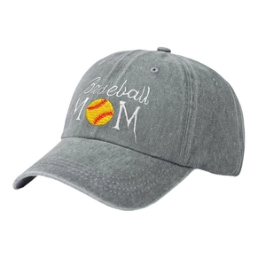 Vintage grey washed cotton baseball cap with embroidered Baseball MOM text and softball icon