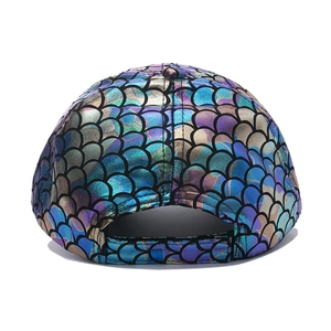 Rear view of iridescent fish scale baseball cap showing precise stitching and metallic texture
