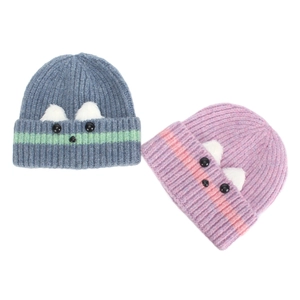 Bonnets tricotés chien mignons en bleu et violet avec oreilles en peluche blanche