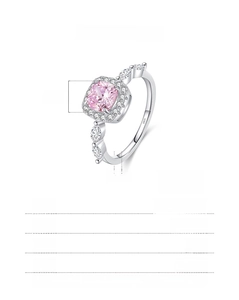 Macro view of S925 sterling silver ring featuring a 6x6mm pink square crystal and accents