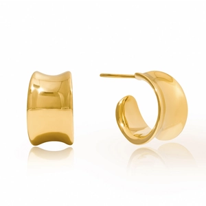 Macro view of polished 14K gold plated irregular C-shape earrings in stainless steel