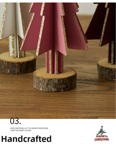 Detailed view of mini wooden Christmas trees with gold glitter edges and rustic wood bases